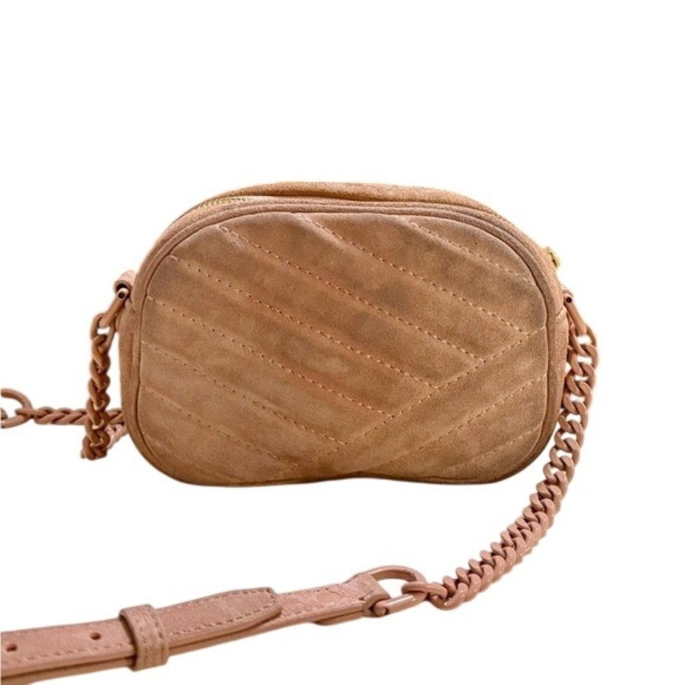Tory Burch Kira Chevron Small Camera Bag Pink Suede Quilted Crossbody Handbag - Picture 3 of 8